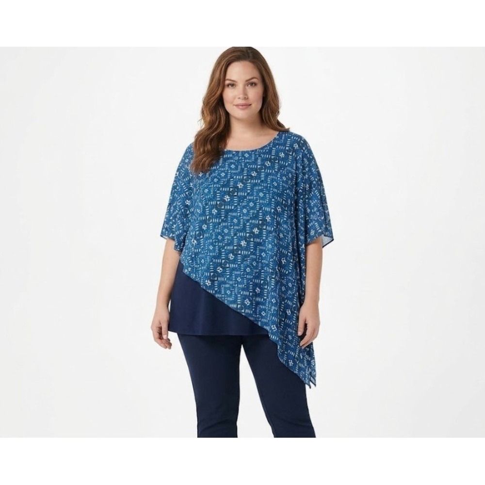 Roaman's size 1X Blue Geometric Crew Neck Flowy Artsy Layered Blouse Elegant